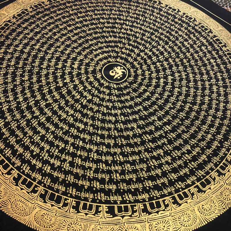 Black & Gold Om Mantra Mandala Thangka Painting, Genuine Handmade Tibetan Art for Decoration, Yoga and Meditation image 3