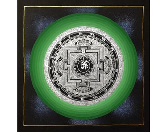 Grünes Regenbogen Thema Mandala Thangka Malerei, Schwarz und Silber Thema Mandala Kunst für Schrein