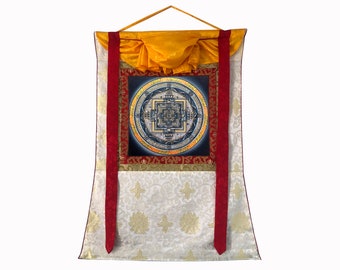 Handmade Kalchakra Mandala Thangka Painting, Silk Brocade Tibetan Art