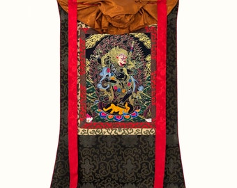 Silk Brocade Mounted Simhamukhai Thangka Painting, Handmade Sacred Thangka Painting for Meditation