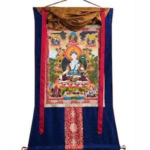Silk Brocade Mounted Master Quality White Tara for Compassion and Longevity, Dholma Thanka, Tara Art