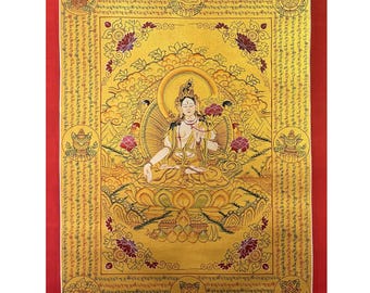 White Tara Mantra Thangka Painting, Gold Leaf, Meditation Decor