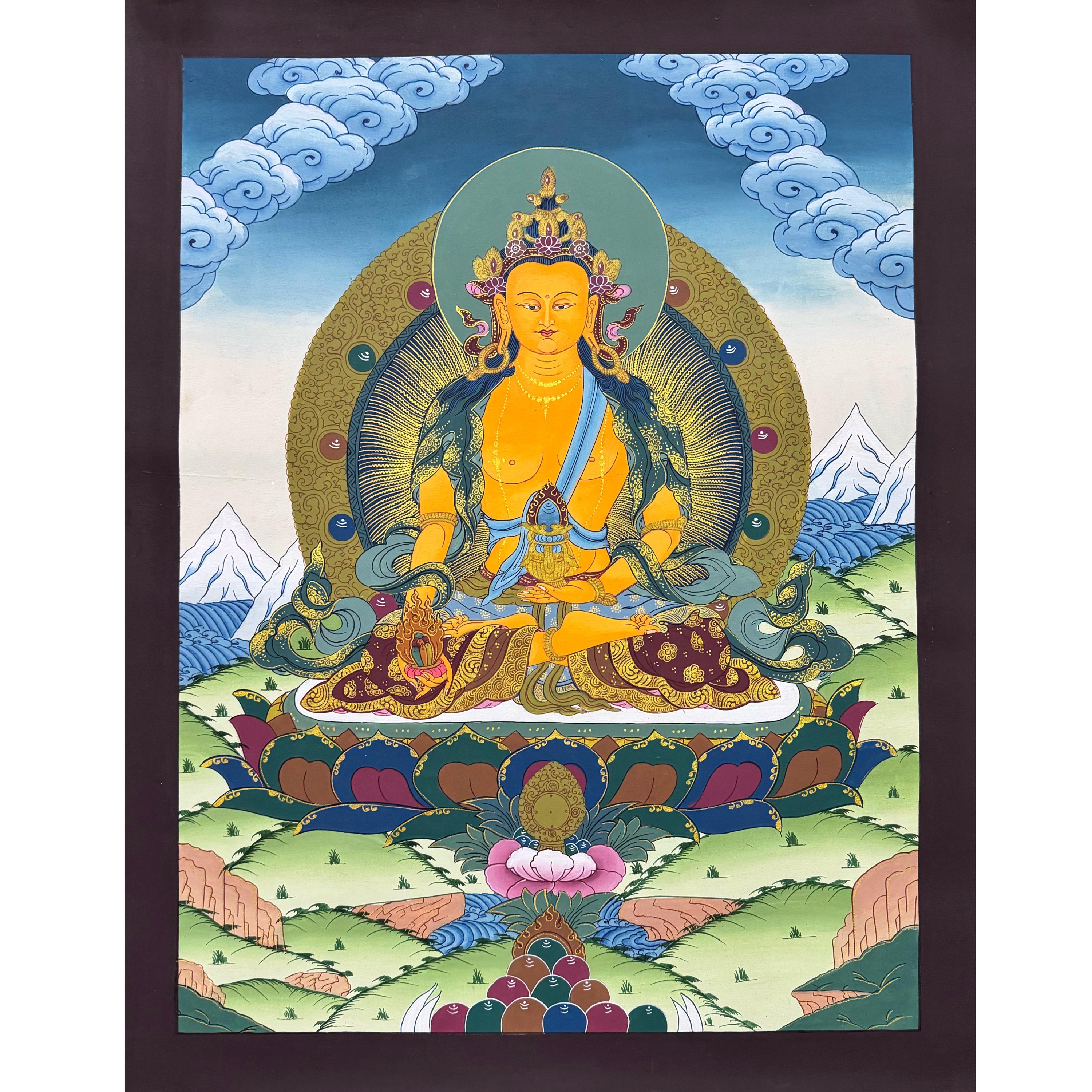 上質な地蔵菩薩タンカ絵画、本物の手描きチベットタンカ、金箔タンカ