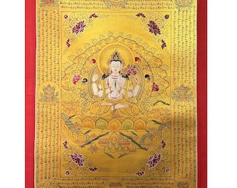 Handgemaltes Chenrezig-Mantra-Thangka-Gemälde, Blattgold