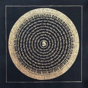 Black & Gold Om Mantra Mandala Thangka Painting, Genuine Handmade Tibetan Art for Decoration, Yoga and Meditation 33cm x33cm