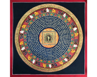 Rhih Mantra Mandala Thangka Painting, Om Mani Padme Hum, Handmade Thangka on Cotton Canvas From Nepal