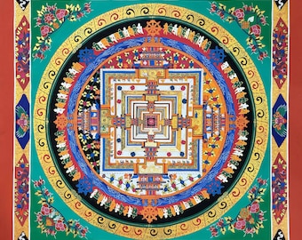 43x43 Inch Green Background Master Quality Kalachakra Mandala Thangka, Wheel of Time