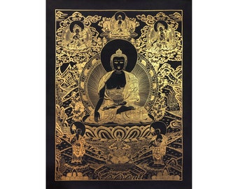 Dipinto Thangka del Buddha Shakyamuni nero e oro, autentica arte tibetana dipinta a mano - per la meditazione e la decorazione