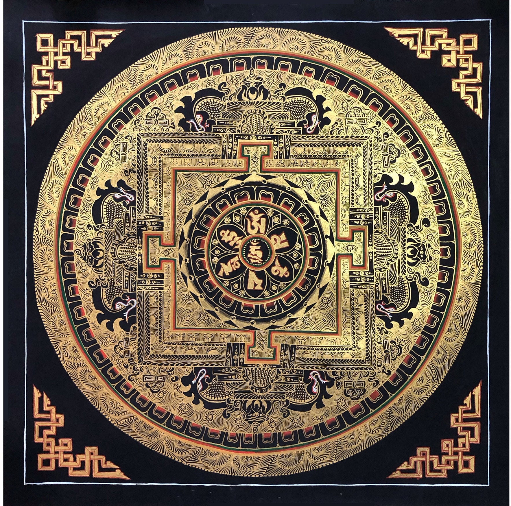 Rhih Mantra Mandala Thangka Malerei, Om Mani Padme Hum, handgemachtes Thangka auf Baumwoll-Leinwand aus Nepal