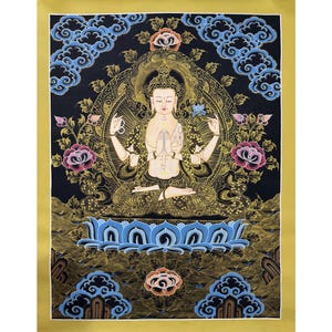 Fine Quality Chenrezig Thangka, Genuine Hand Painted Tibetan thangka, Thangka Gold leaf Painting