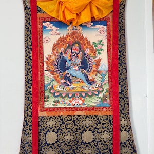 Silk Brocade Mounted Yamantaka Tibetan thangka, Thangka Gold leaf Painting