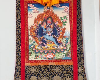 Silk Brocade Mounted Yamantaka Tibetan thangka, Thangka Gold leaf Painting
