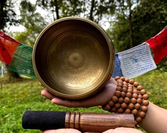 Cuenco tibetano de meditación, cuenco tibetano hecho a mano con forma de flor de la vida