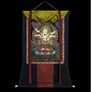 Silk Brocade Mounted White Mahakala Thangka Art, For Meditation and Wall Decoration