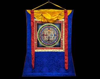 Silk Brocade Mounted Kalachakra Mandala Thangka, Wheel of Time Thanka, Dalai Lama