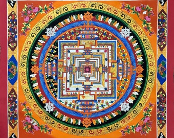 43x43 Inch Yellow Background Master Quality Kalachakra Mandala Thangka, Wheel of Time