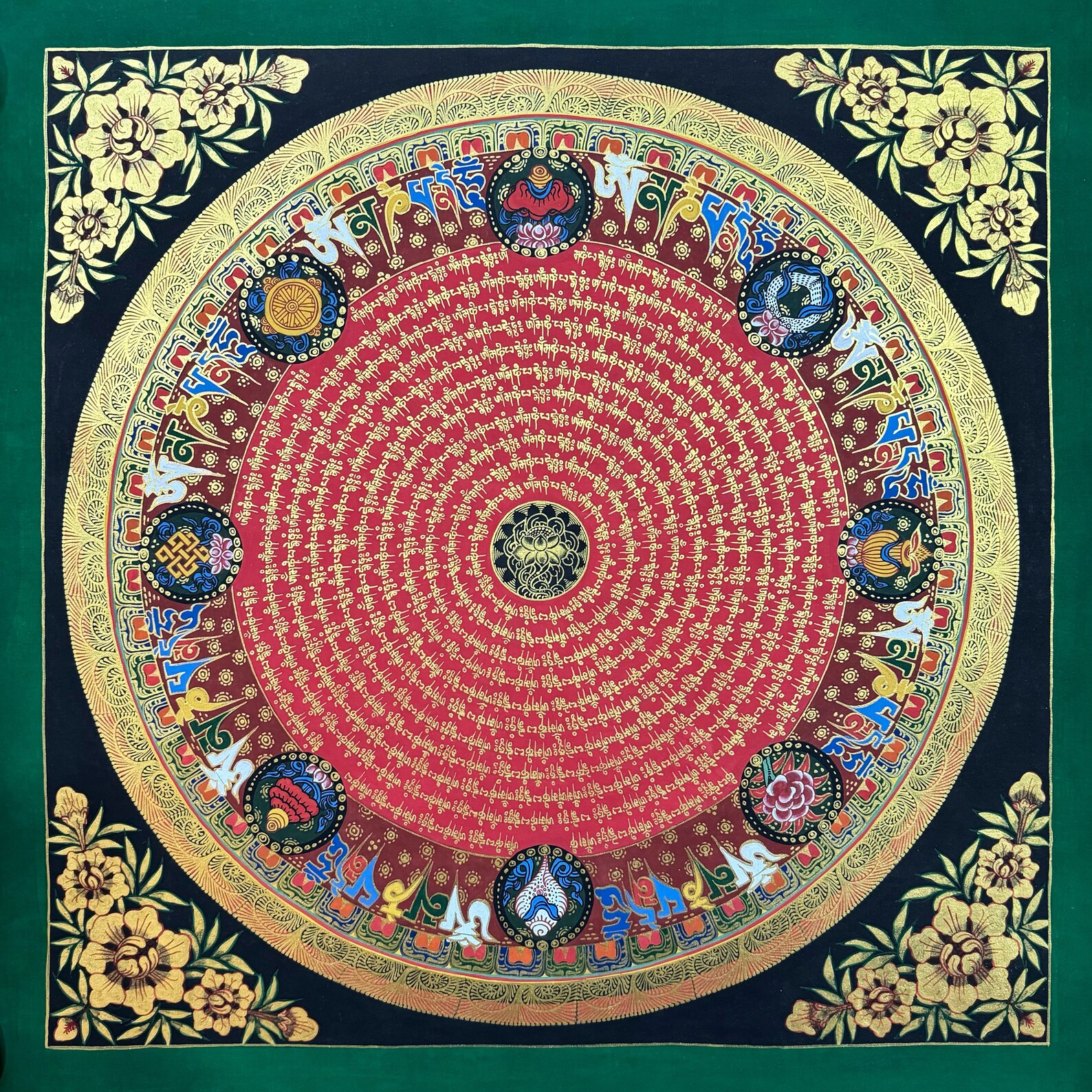 Red Theme Lotus Om Mani Padme Hum Mandala Thanka, Handmade Thangka on Cotton Canvas From Nepal