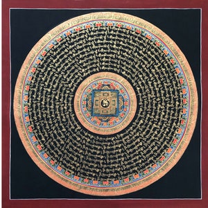 Blessed Om Mani Padmi Hum Mantra Mandala, Original Hand-painted Tibetan Thangka Painting