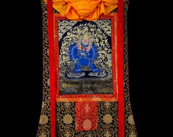 Silk Brocade Mounted Yamantaka Tibetan thangka, Thangka Gold leaf Painting