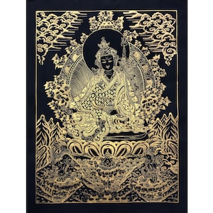 Black and Gold Padmasambhava/Guru Rimpoche Thangka Painting, Best Tibetan Handmade Art for Meditation and Decoration