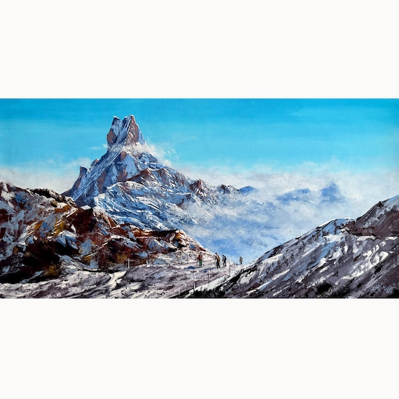 貴重、ヒマラヤの油絵、ヒマラヤ山脈、大型油絵、マチャプチャレ、ホテルのロビーに アクリル画「フィッシュテイル山（マチャプチャレ山）」 – ヒマラヤの