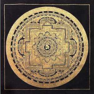 Om Black and Gold Round Mandala Thangka, Handmade Sacred Thangka Painting for Meditation and Good Luck to house, Tibetan Wall Decoration
