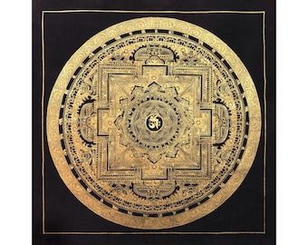 Rundes Mandala Thangka mit Om Schwarz und Gold, Handgemachte Sacred Thangka Malerei für Meditation und viel Glück für Haus, tibetische Wanddekoration