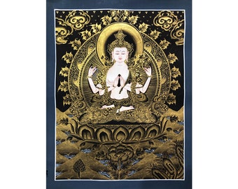 Genuine Quality Chenrezig Thangka Painting, Original Hanmade Tibetan Wall Art for Decoration, Meditation and Yoga