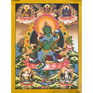 High Quality Green Tara Thangka Painting, 24K Gold used Handmade Tibetan Art from Himalayas