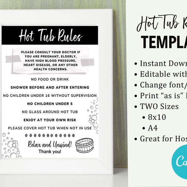 AirBnB Signs, Hot Tub Sign, VRBO Hot Tub Rules - Canva Template - Instant Download Printable; AirBnB Template - Tools for AirBnB Hosts