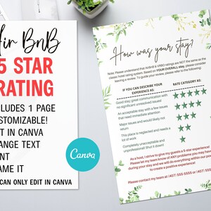 AirBnB Star Ratings, A4, Leafy Background AirBnB Vacation Home Sign, Editable Canva Template | Air BnB Templates, VRBO Rating