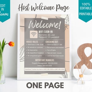 AirBnB Welcome Sign: One Page | Custom Vacation Rental Sign | AirBnB Template | Editable Canva Template | VRBO Welcome | Boho Brown
