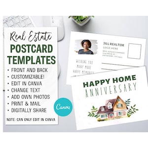 Happy Home Anniversary, pocztówki z nieruchomościami, mailingi z nieruchomościami, plan marketingowy, szablon Canva, pocztówki z agentami nieruchomości, akwarela