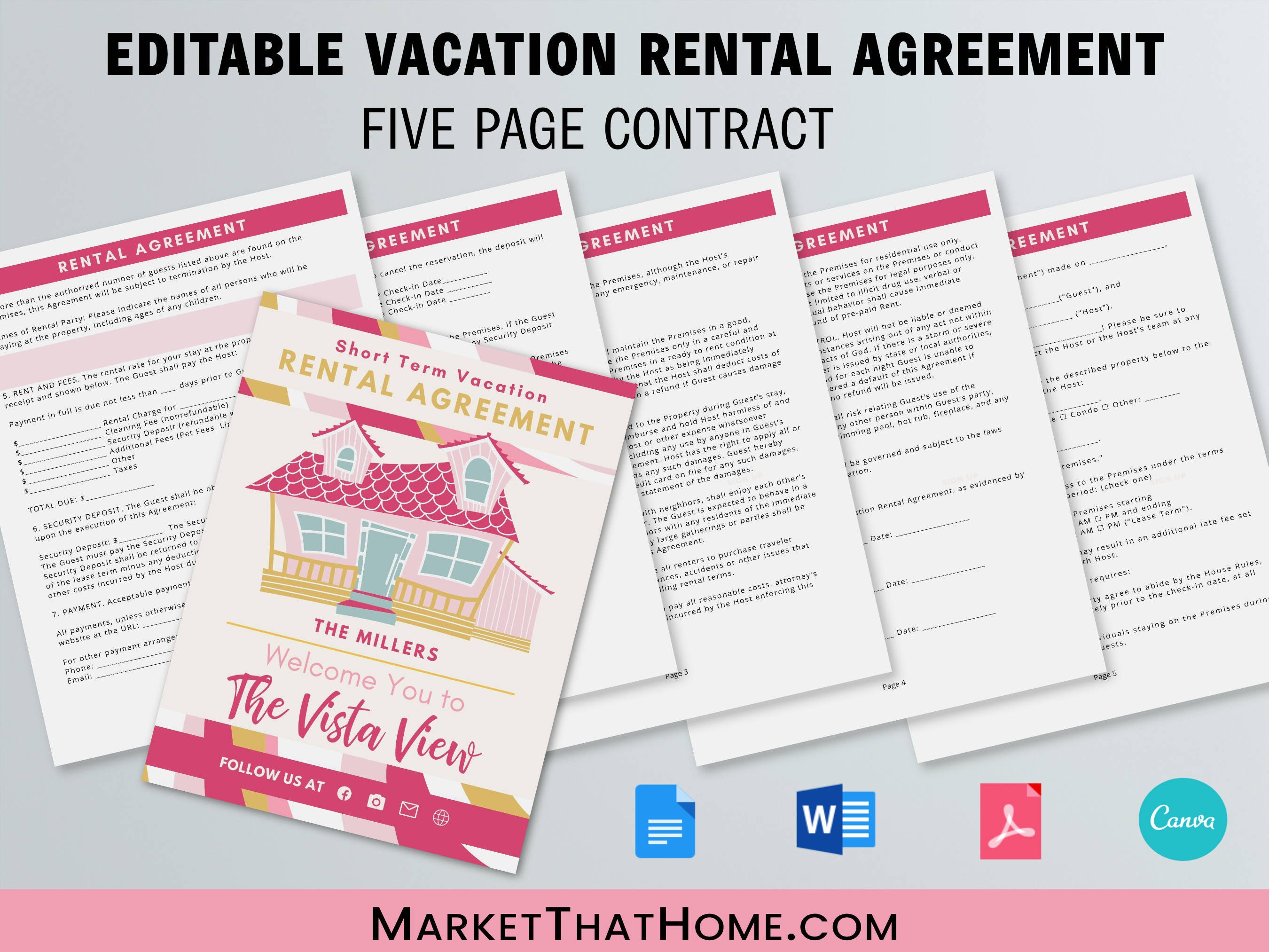 Vacation Rental Agreement for Short Term Rentalseditable, Airbnb and