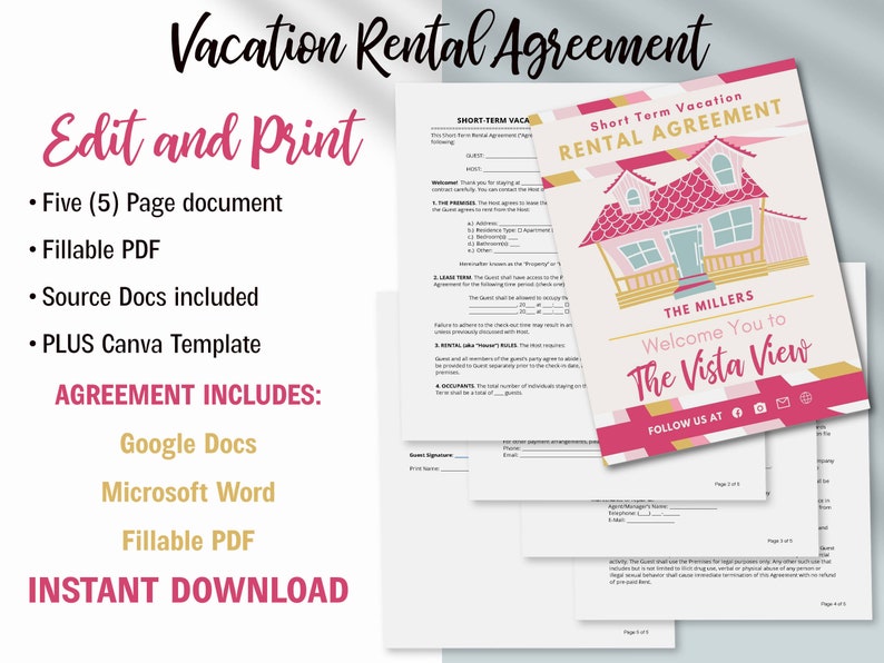 Vacation Rental Agreement for Short Term Rentalseditable, Airbnb and