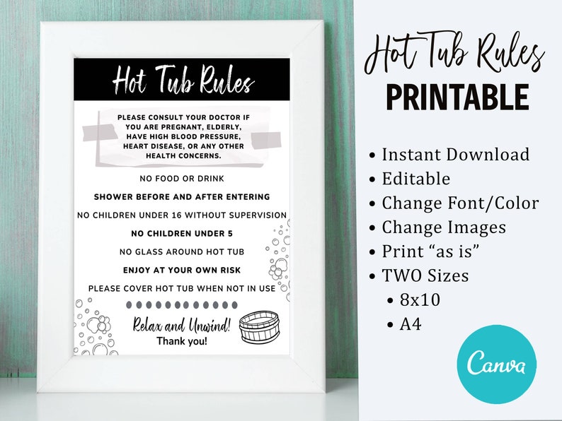 Airbnb Signs Hot Tub Sign VRBO Hot Tub Rules Canva Etsy