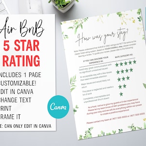 AirBnB Star Ratings, LTR, Leafy Background AirBnB Vacation Home Sign, Editable Canva Template | Air BnB Templates, VRBO Rating