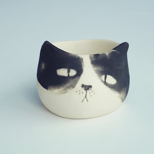 May include: A white ceramic planter shaped like a cat with black painted features. The cat has a sad expression with large eyes and a small nose.