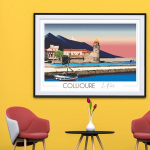 Affiche voyage Collioure et barque Catalane • Travel Poster • Affiche ville • Art Mural • Décoration Maison • Pyrénées Orientales
