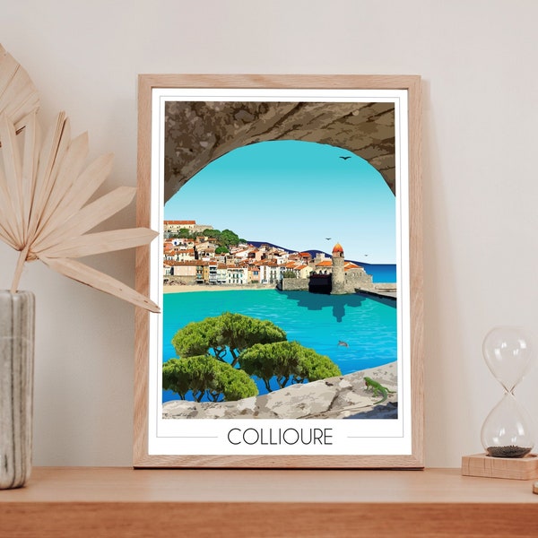 Affiche voyage Collioure Village • Poster vintage • Poster ville • Illustration Collioure • Art mural • Imprimé en France • Décoration