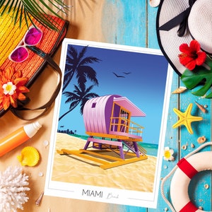 Affiche Miami • USA • Etats Unis • Poste de secours • Plage • Miami Beach • Poster moderne • Travel Poster • Décoration murale