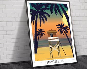 Narbonne Beach Travel Poster • Travel Poster • Vintage Poster • Vintage Poster • City Poster • Palm Trees • Sunset