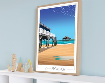 Travel poster Cabanes Tchanquées, Vintage poster, Poster France, Bassin Arcachon, Dune du Pilat, Wall decoration, Gift