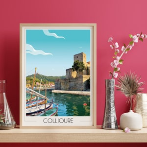 Collioure Chateau Royal travel poster | Wall decoration | Eastern Pyrenees | Catalan Village | digital artwork