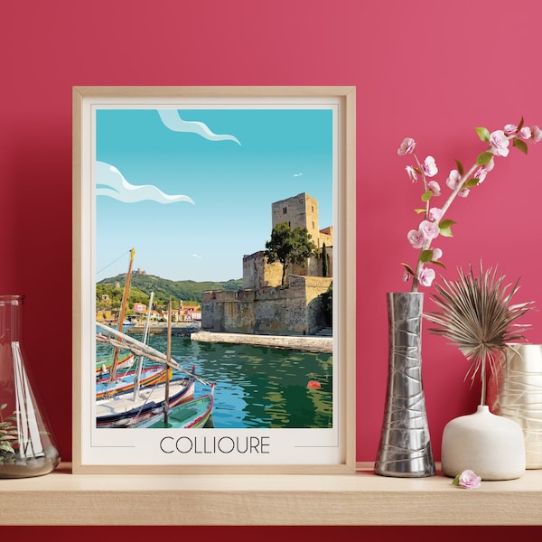 Affiche de voyage Collioure Chateau Royal | Décoration murale | Pyrénées Orientales | Village Catalan | Illustration numérique