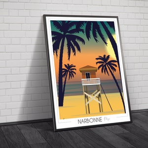 Narbonne Beach Travel Poster • Travel Poster • Vintage Poster • Vintage Poster • City Poster • Palm Trees • Sunset