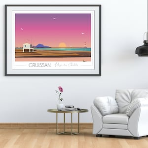 Affiche voyage Gruissan bord de mer Cabane de plage • Illustration • Plage du film 37.2 le matin • Sud de la france • Plage rose