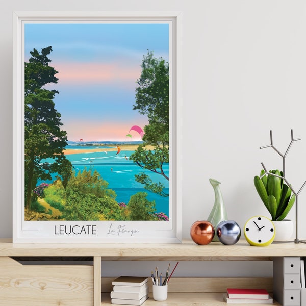 Affiche voyage Leucate La Franqui • Illustration • Travel Poster • Art Deco • Kite surf • Windguru • Aude • Poster ville • France