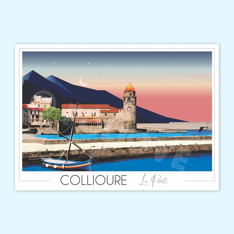 Affiche voyage Collioure et barque Catalane Travel Poster Affiche ville Art Mural Décoration Maison Pyrénées Orientales image 3