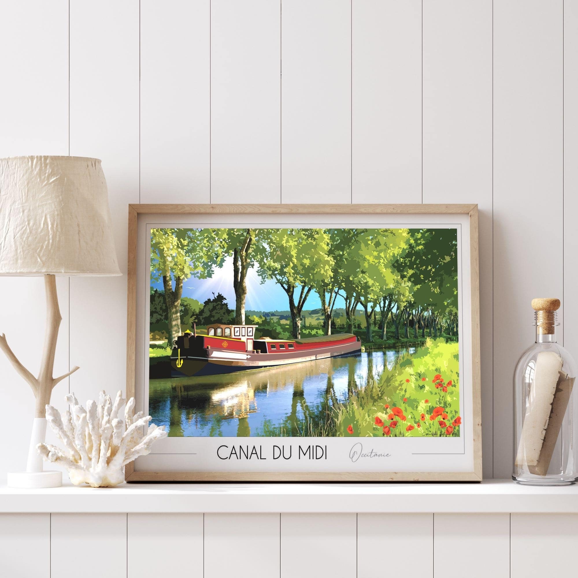 Canal du Midi travel poster, France poster, Occitanie, Barge, Wall decoration, Travel poster, Original gift